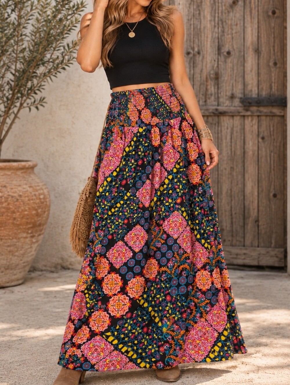 Artisan NY Patchwork Boho Maxi Skirt XS NWT Smocked Waist Festival